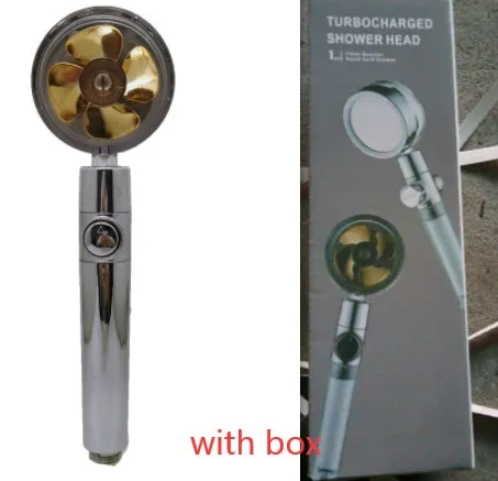 Chrome-finished round water-saving shower head with a built-in turbofan for high pressure spray
