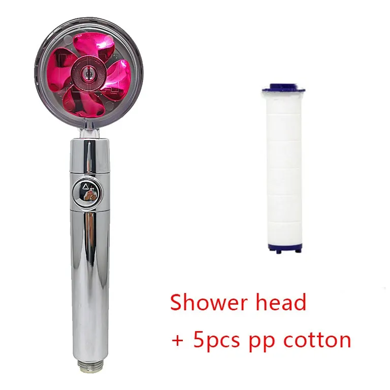 Chrome-finished round water-saving shower head with a built-in turbofan for high pressure spray