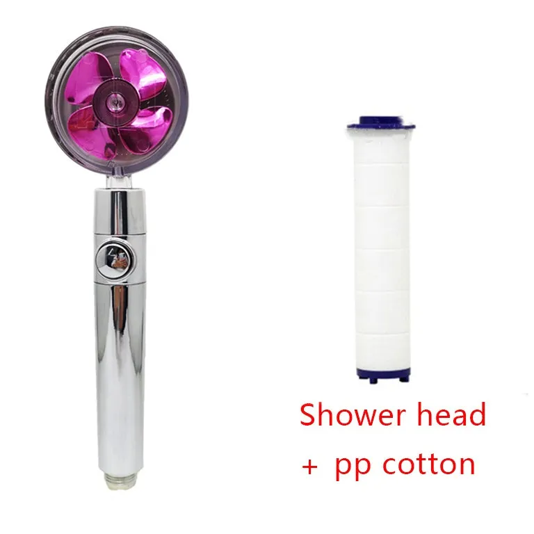 Chrome-finished round water-saving shower head with a built-in turbofan for high pressure spray