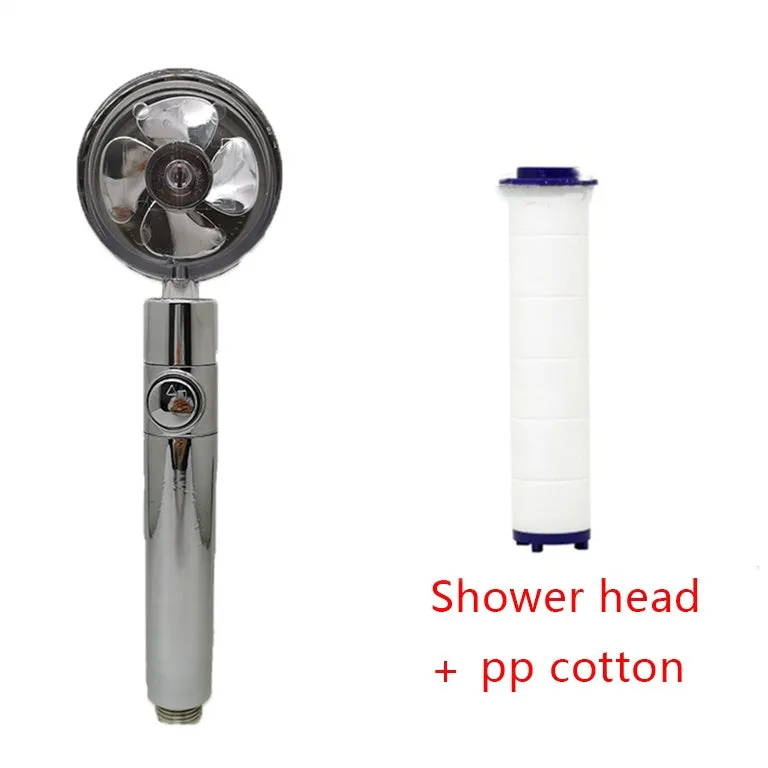 Chrome-finished round water-saving shower head with a built-in turbofan for high pressure spray