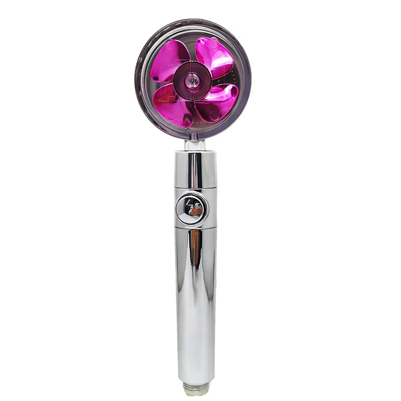 Chrome-finished round water-saving shower head with a built-in turbofan for high pressure spray