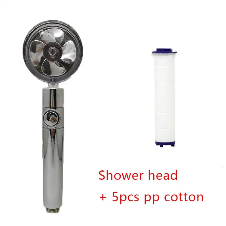 Chrome-finished round water-saving shower head with a built-in turbofan for high pressure spray