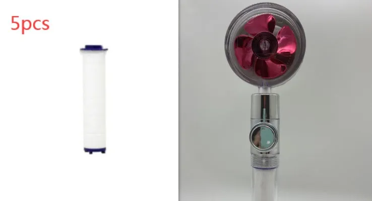 Chrome-finished round water-saving shower head with a built-in turbofan for high pressure spray