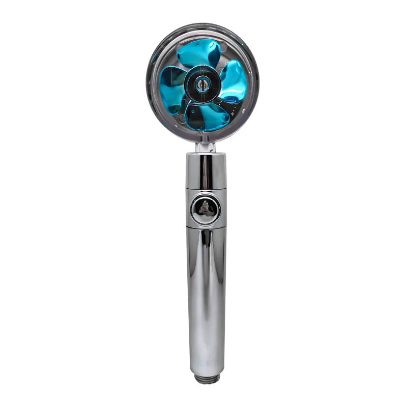 Chrome-finished round water-saving shower head with a built-in turbofan for high pressure spray