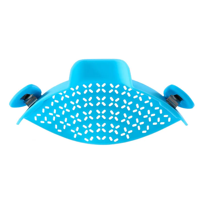 Silicone and stainless steel pot side drain stopper in multiple colours on a kitchen counter.