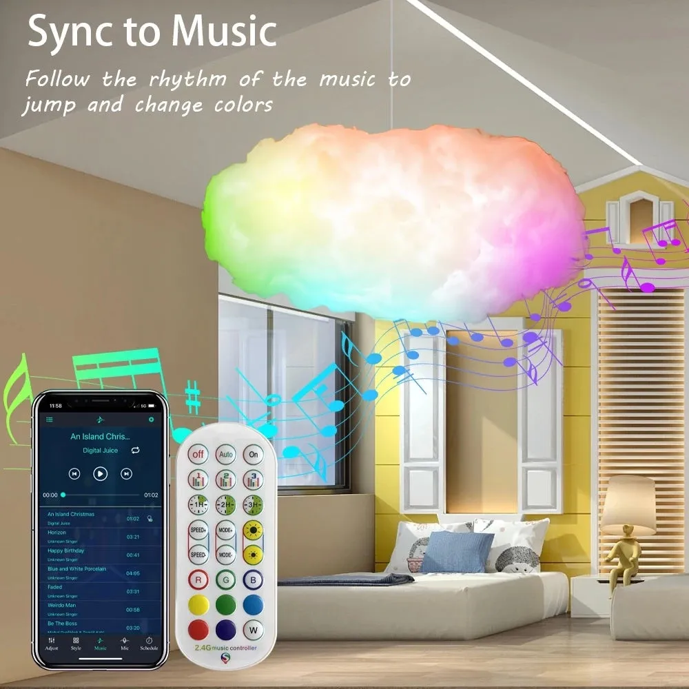 White fabric cloud pendant light with colour-changing LED lighting and USB cable