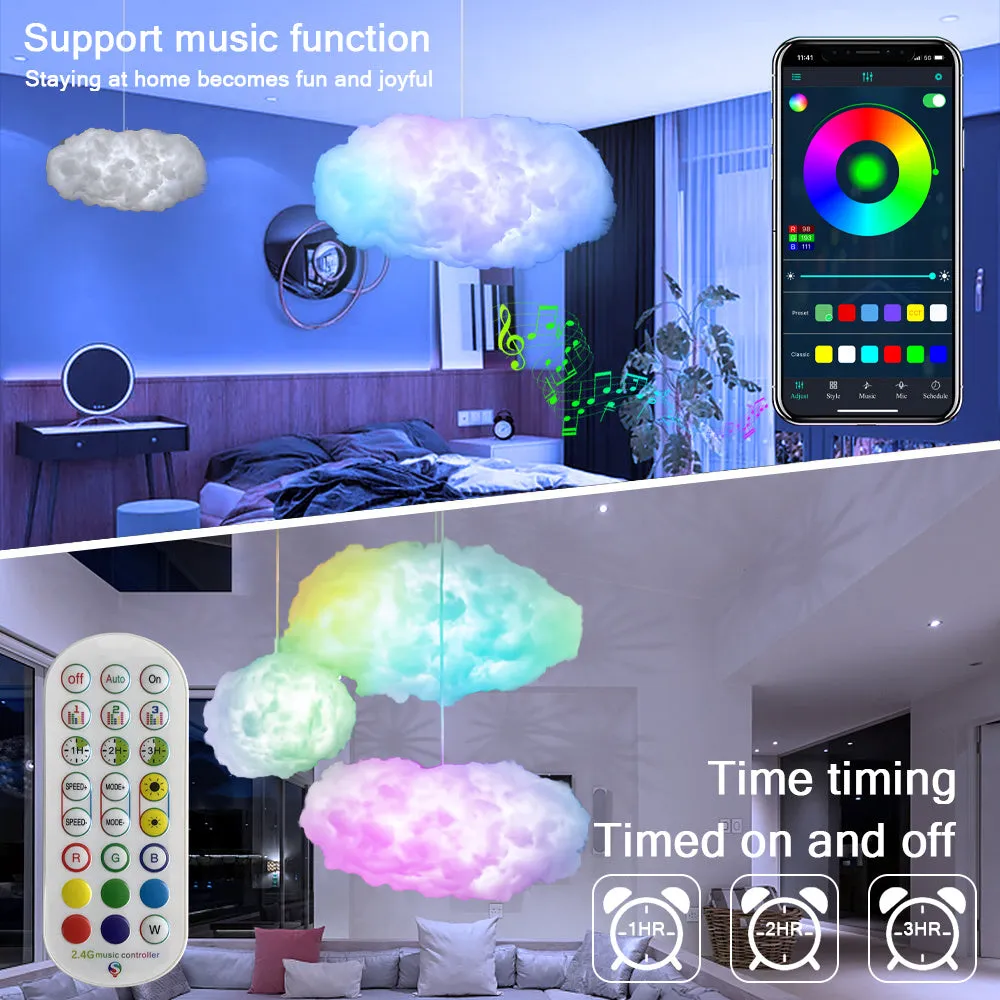 White fabric cloud pendant light with colour-changing LED lighting and USB cable