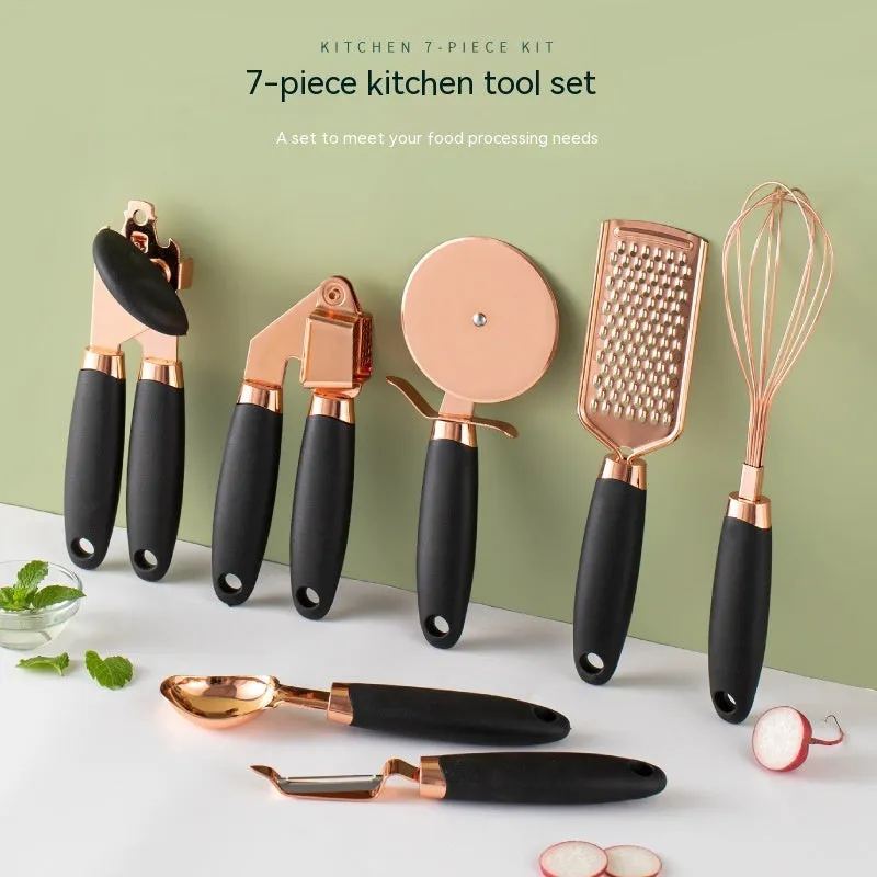 Copper-plated seven-piece kitchen tool set with cutlery rack in assorted colours