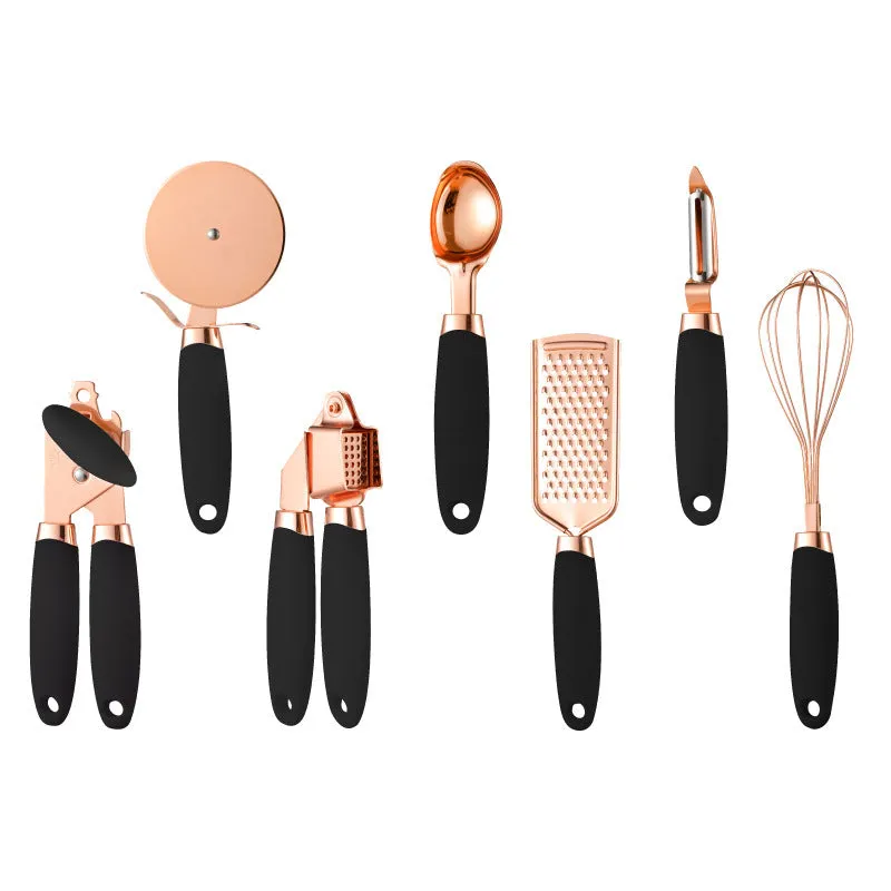 Copper-plated seven-piece kitchen tool set with cutlery rack in assorted colours