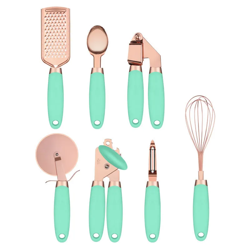 Copper-plated seven-piece kitchen tool set with cutlery rack in assorted colours
