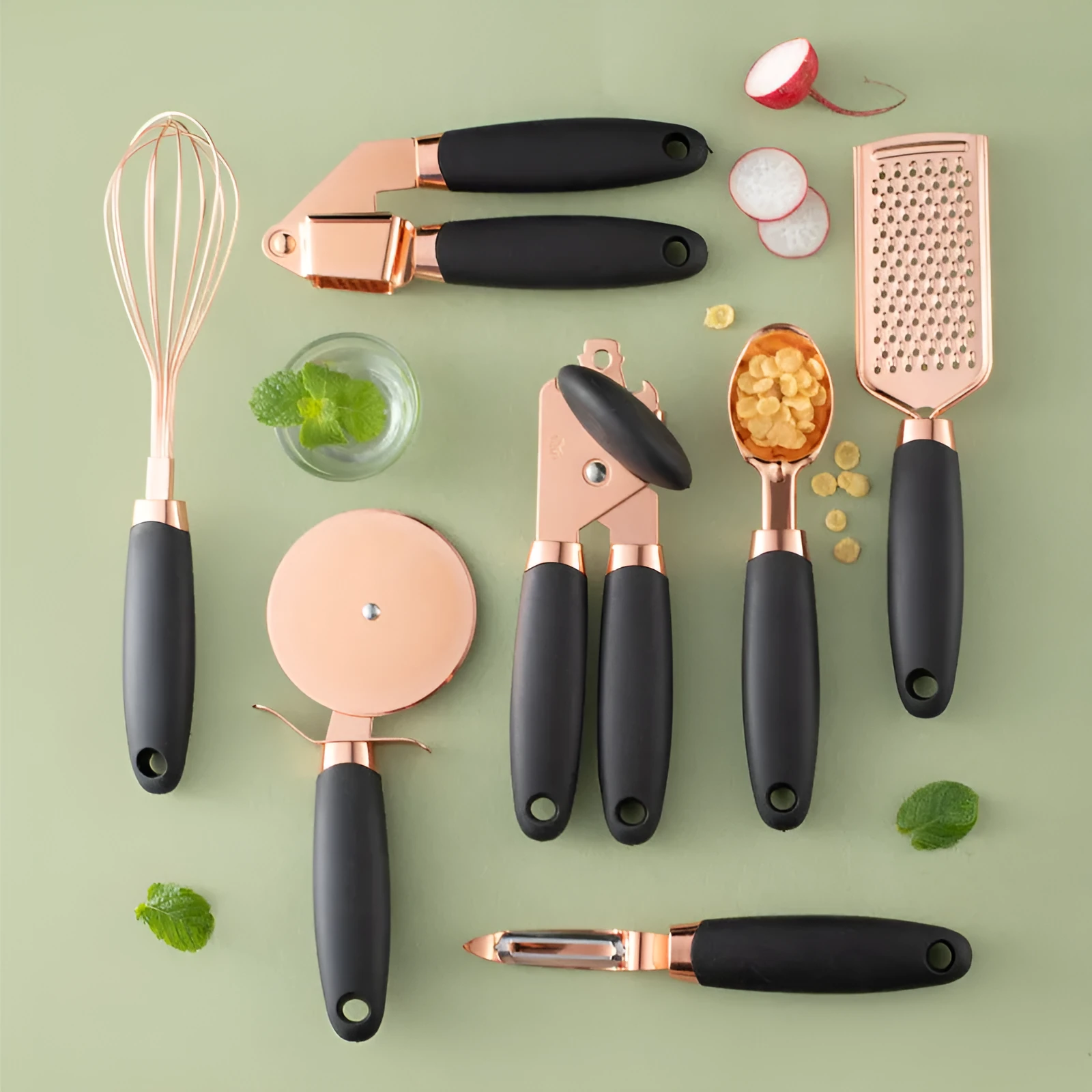 Copper-plated seven-piece kitchen tool set with cutlery rack in assorted colours