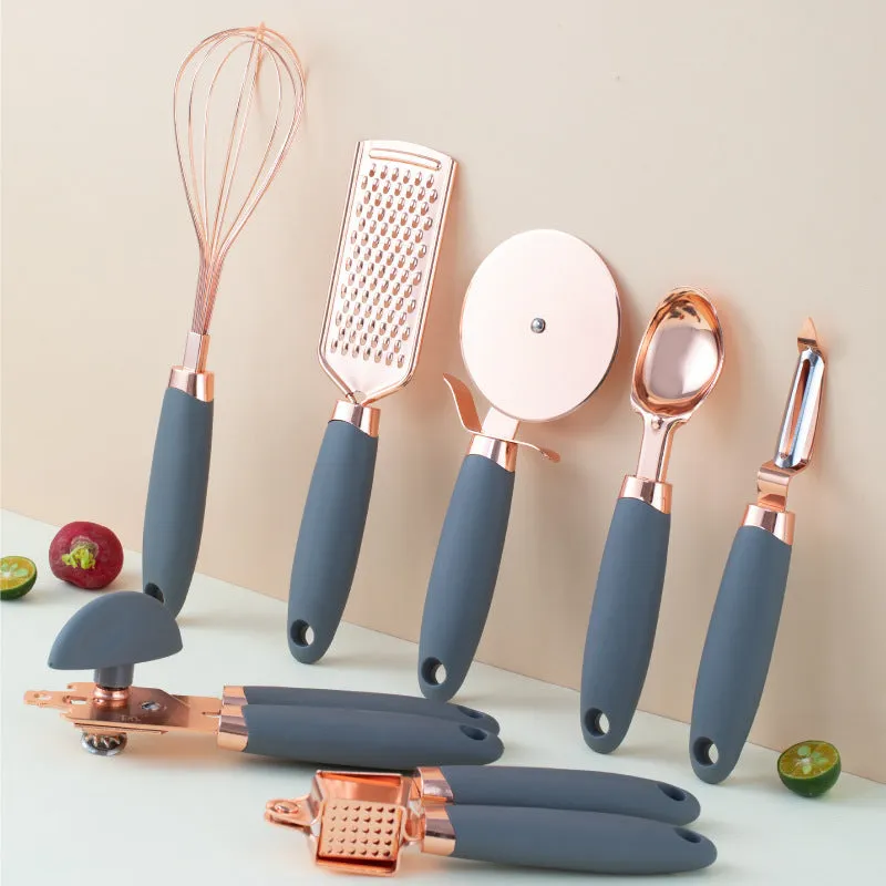 Copper-plated seven-piece kitchen tool set with cutlery rack in assorted colours