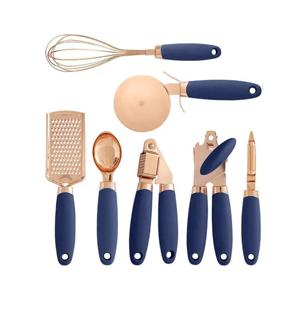 Copper-plated seven-piece kitchen tool set with cutlery rack in assorted colours