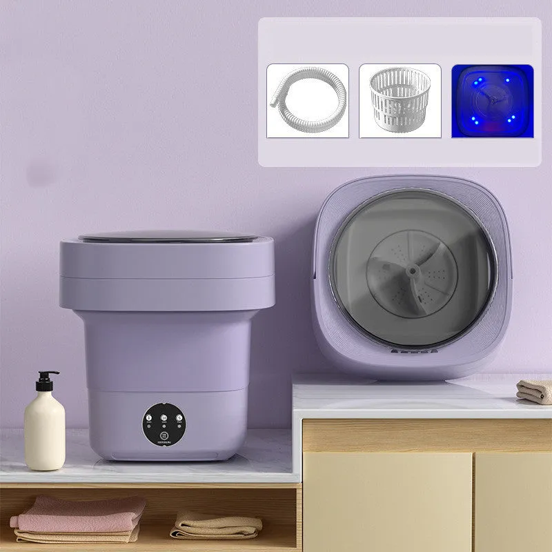 Foldable portable mini washing machine in green colour with drain pipe and basket