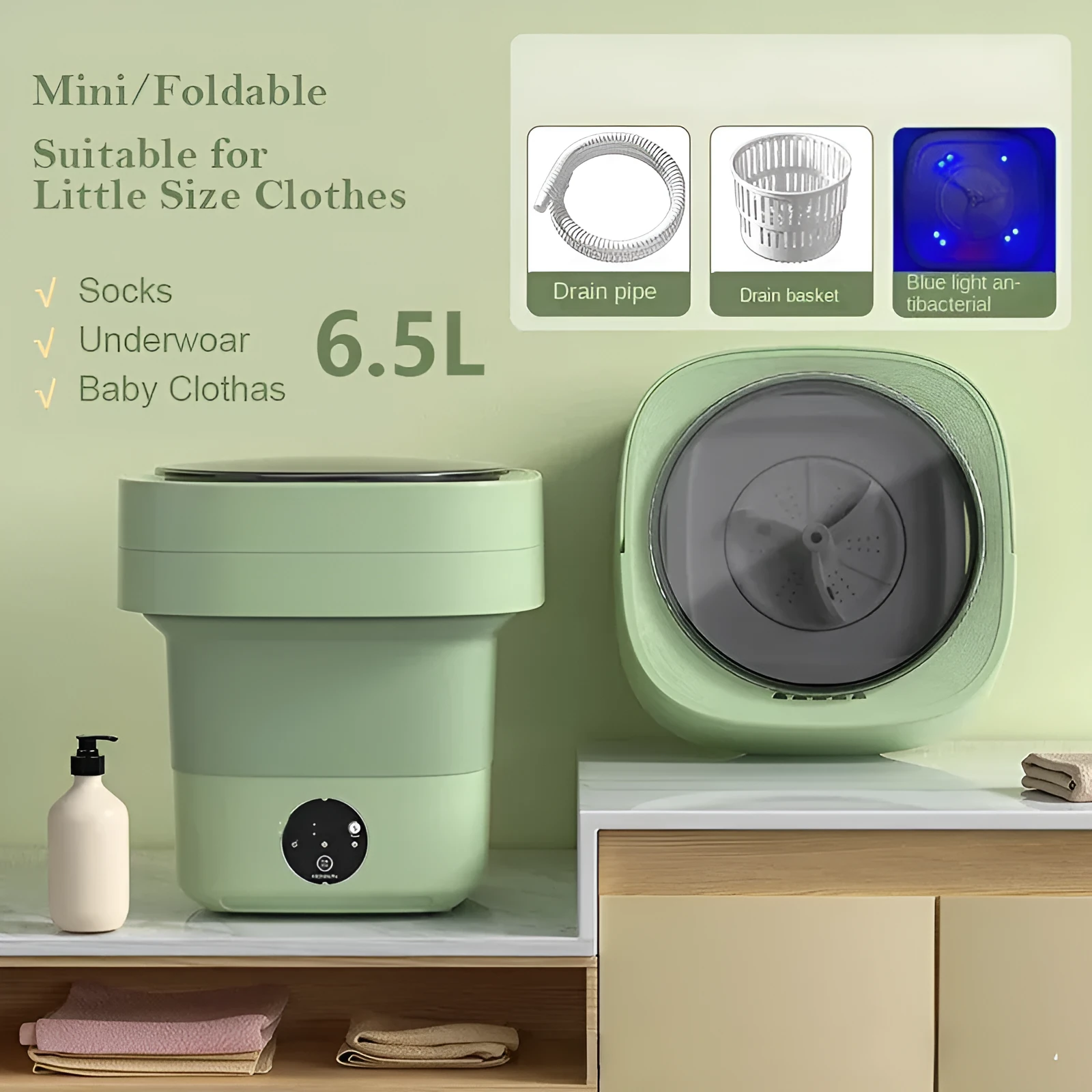 Foldable portable mini washing machine in green colour with drain pipe and basket