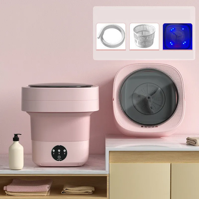 Foldable portable mini washing machine in green colour with drain pipe and basket