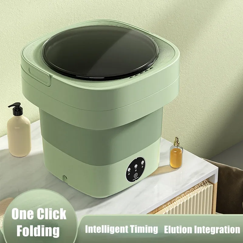 Foldable portable mini washing machine in green colour with drain pipe and basket