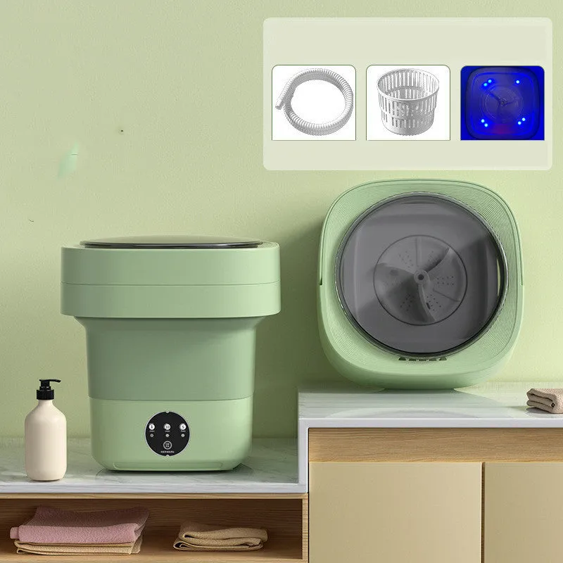 Foldable portable mini washing machine in green colour with drain pipe and basket