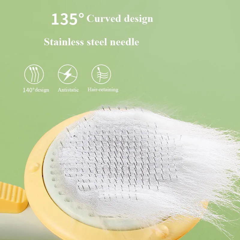 Hand-held pet grooming brush with curved stainless steel teeth in pumpkin colour option