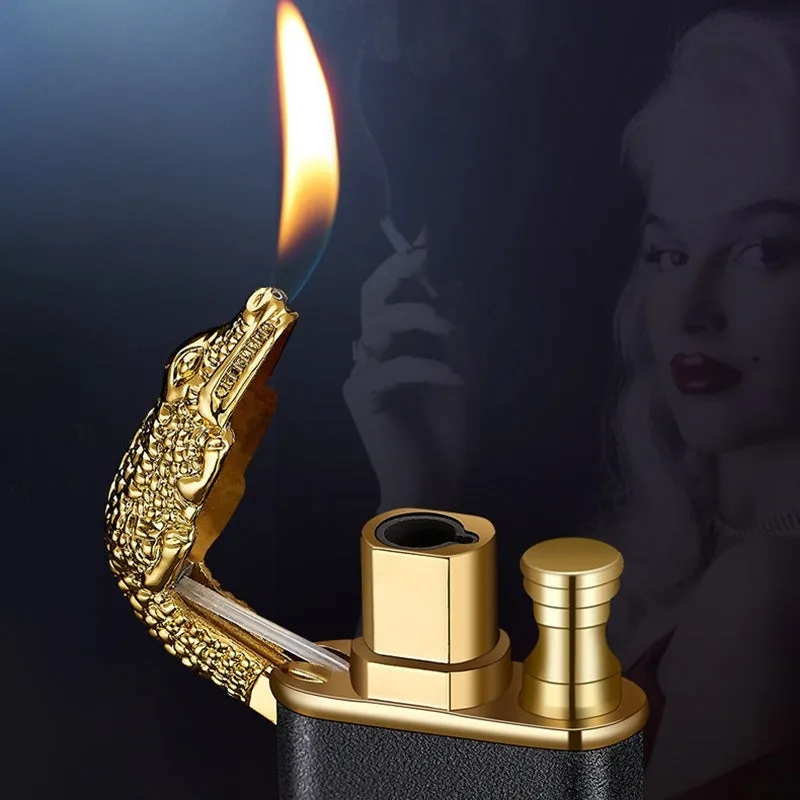 Creative blue flame lighter with windproof double fire and novelty dragon design, metal body