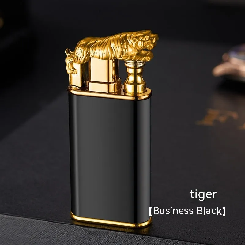 Creative blue flame lighter with windproof double fire and novelty dragon design, metal body