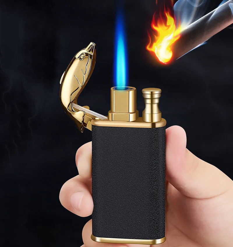 Creative blue flame lighter with windproof double fire and novelty dragon design, metal body