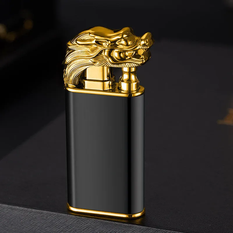 Creative blue flame lighter with windproof double fire and novelty dragon design, metal body