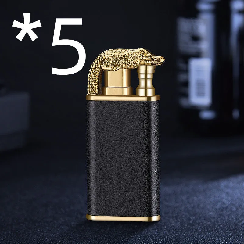 Creative blue flame lighter with windproof double fire and novelty dragon design, metal body