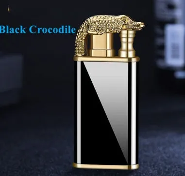 Creative blue flame lighter with windproof double fire and novelty dragon design, metal body