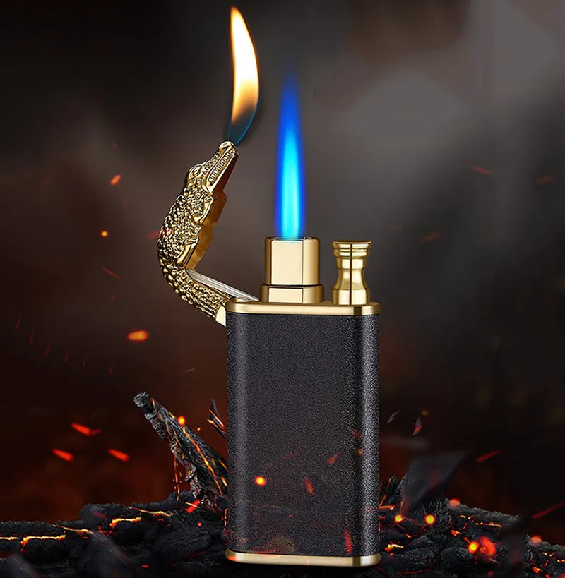 Creative blue flame lighter with windproof double fire and novelty dragon design, metal body