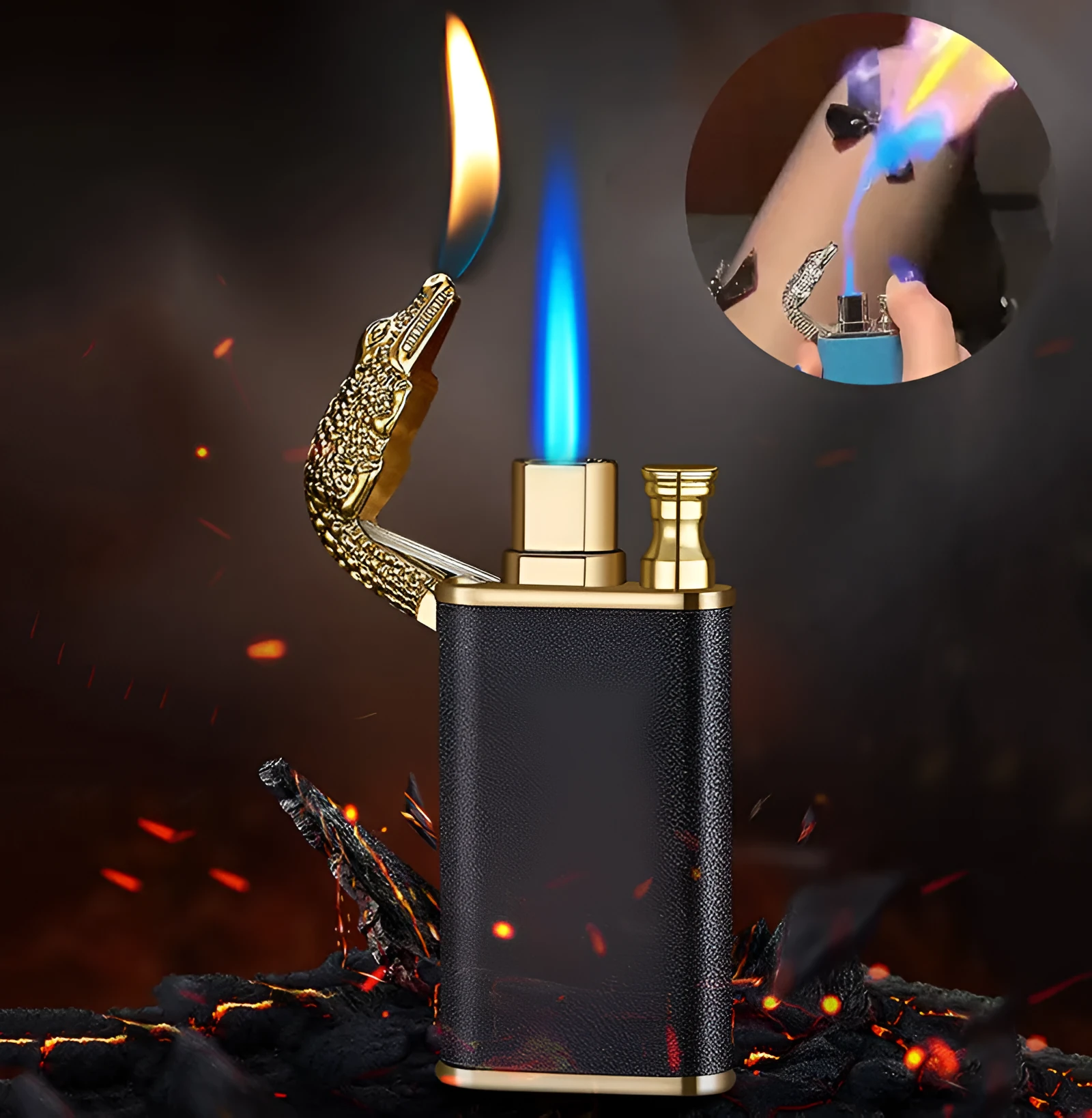 Creative blue flame lighter with windproof double fire and novelty dragon design, metal body