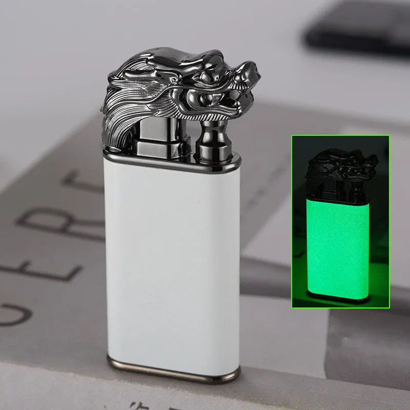 Creative blue flame lighter with windproof double fire and novelty dragon design, metal body
