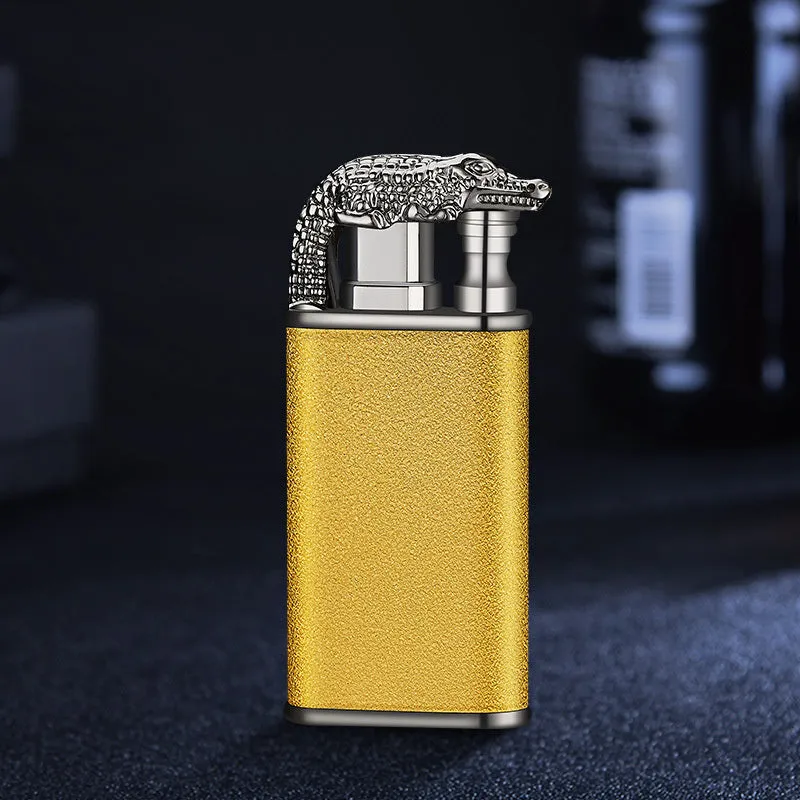 Creative blue flame lighter with windproof double fire and novelty dragon design, metal body