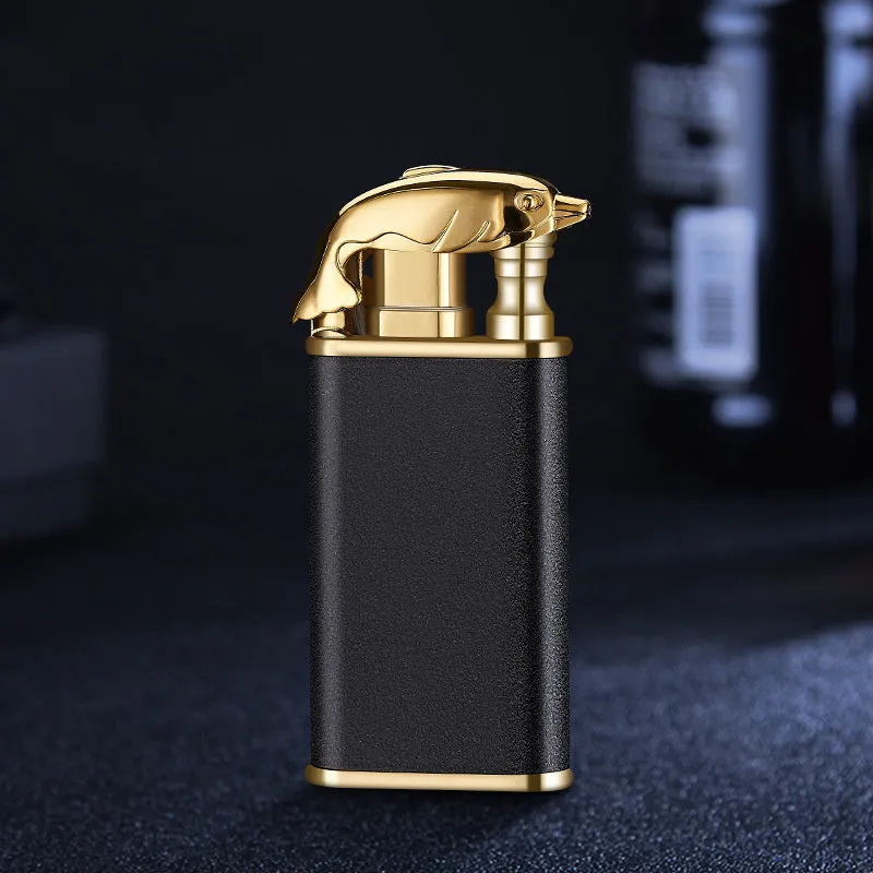 Creative blue flame lighter with windproof double fire and novelty dragon design, metal body