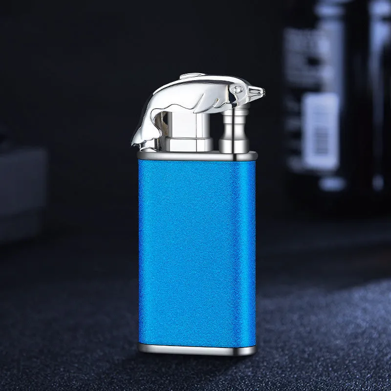 Creative blue flame lighter with windproof double fire and novelty dragon design, metal body