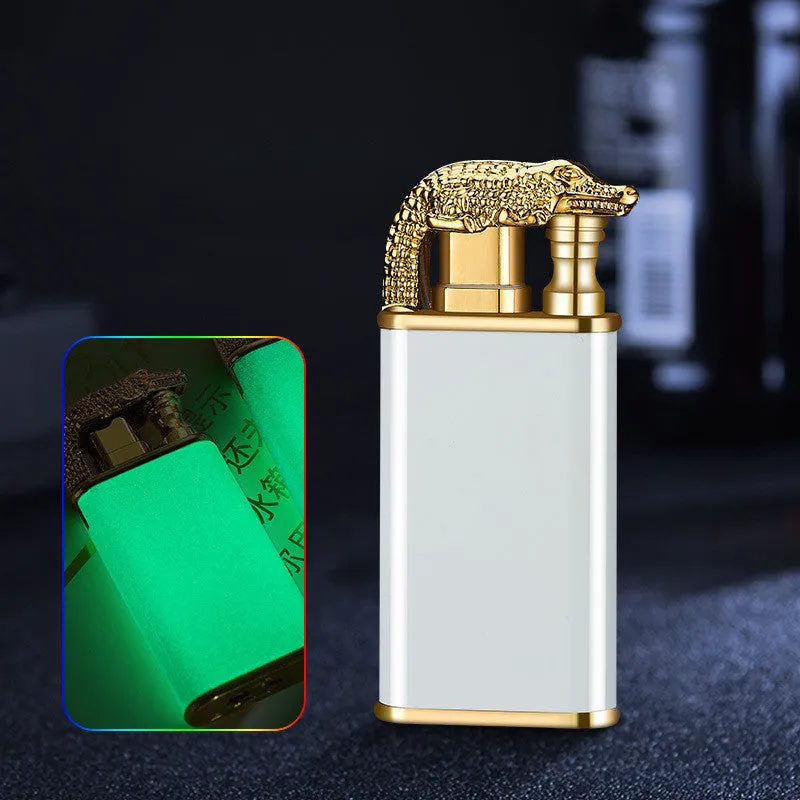 Creative blue flame lighter with windproof double fire and novelty dragon design, metal body