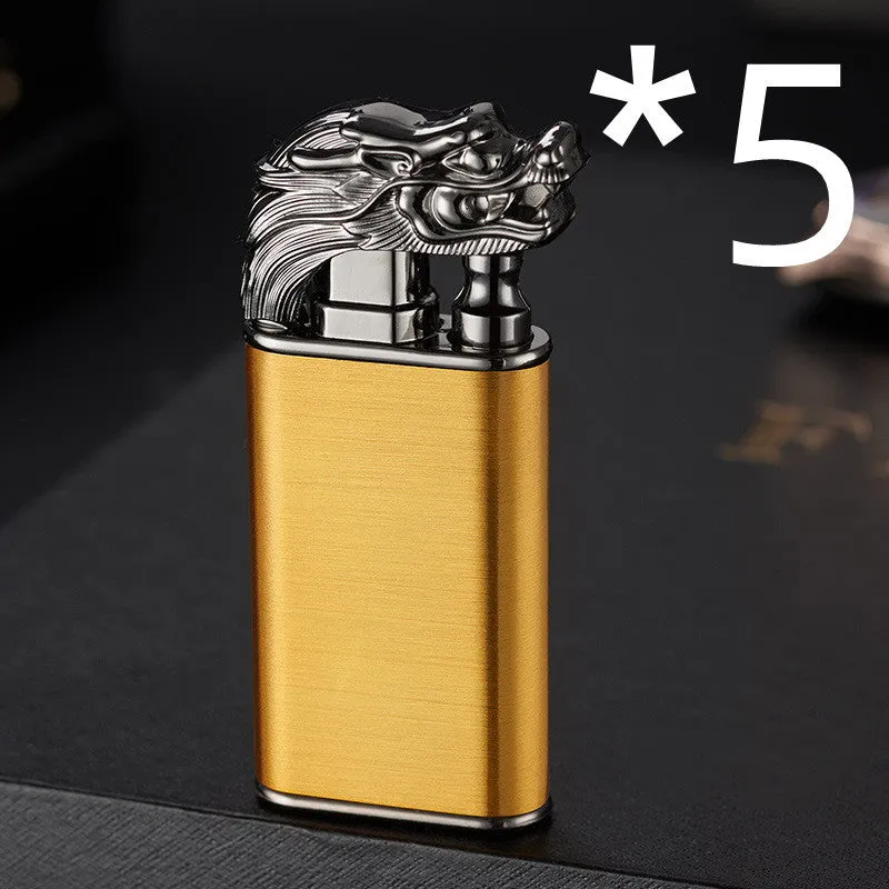 Creative blue flame lighter with windproof double fire and novelty dragon design, metal body
