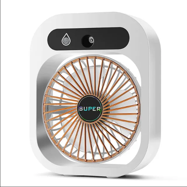 Green and white USB portable misting fan air cooler humidifier on a desk