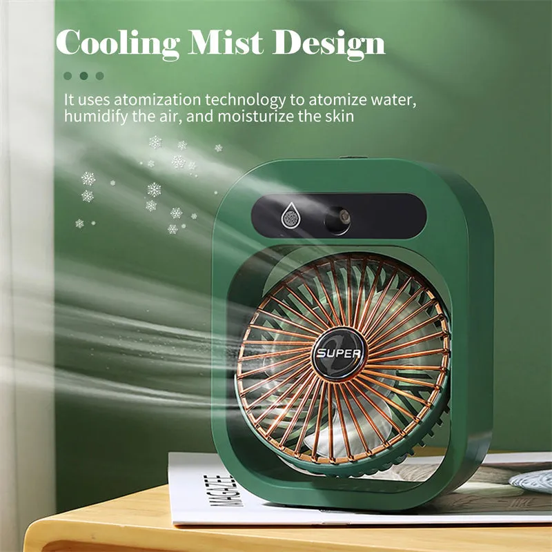 Green and white USB portable misting fan air cooler humidifier on a desk