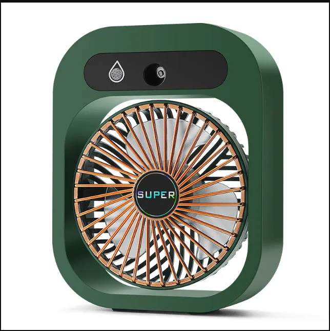 Green and white USB portable misting fan air cooler humidifier on a desk