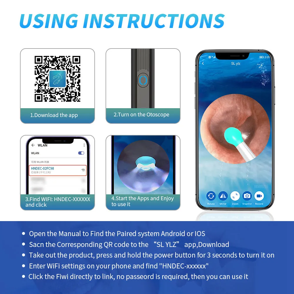 NE3 wireless otoscope with camera, LED light, and spoon heads for ear cleaning