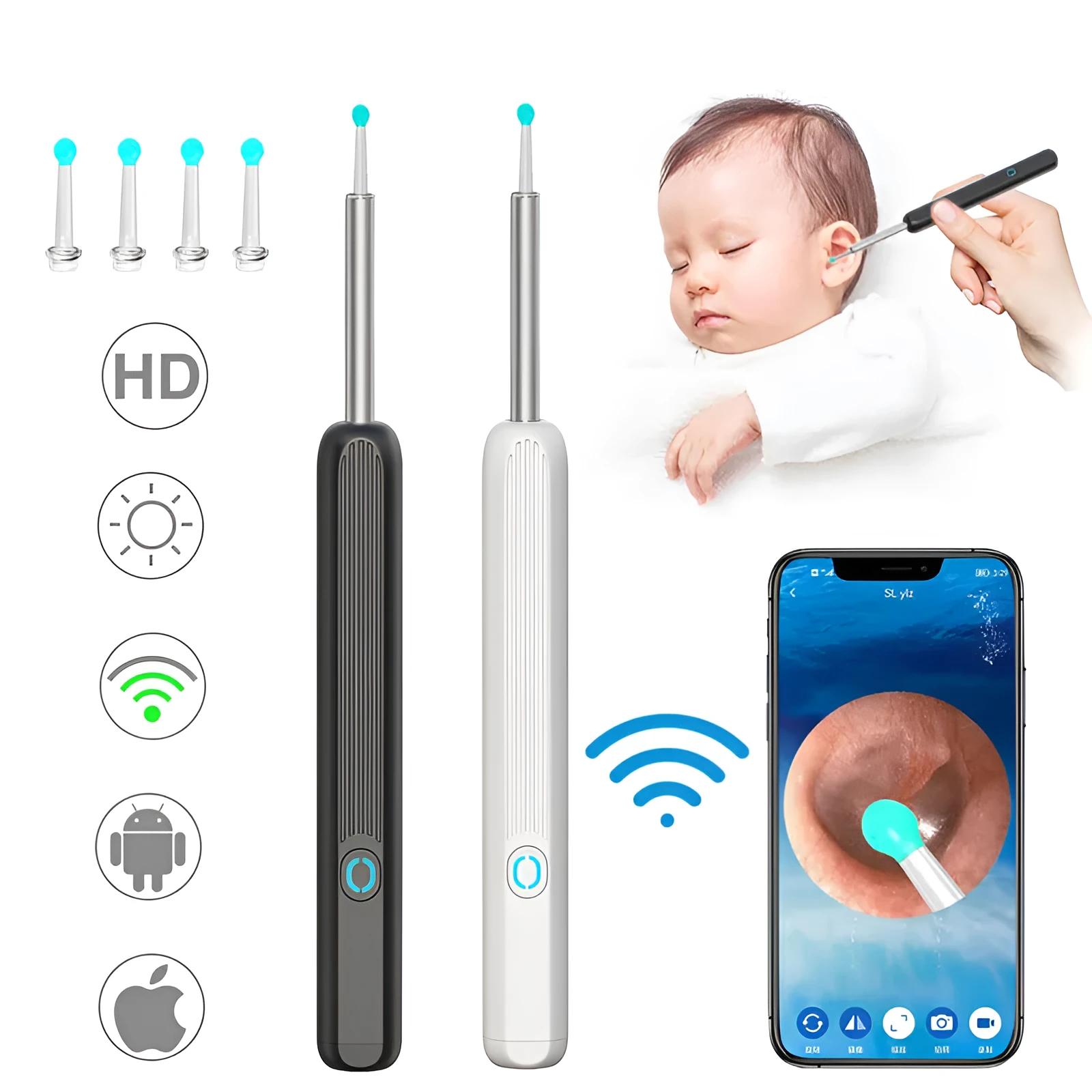 NE3 wireless otoscope with camera, LED light, and spoon heads for ear cleaning