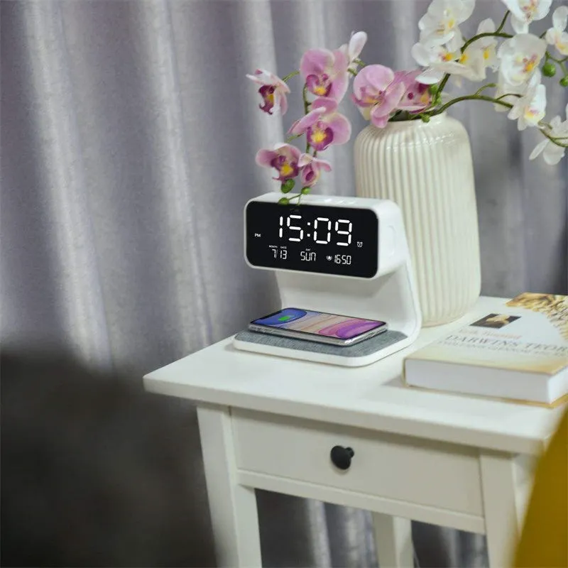 White 3-in-1 bedside table lamp with wireless charging pad, LCD screen, and touch dimmer.
