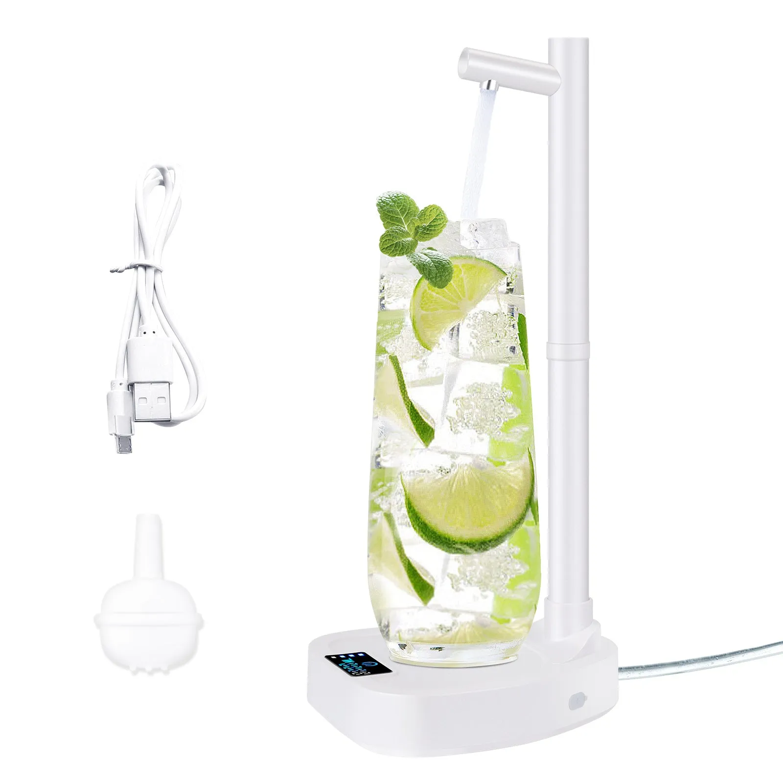 White and blue desktop water dispenser with extension tube on counter next to water bottle