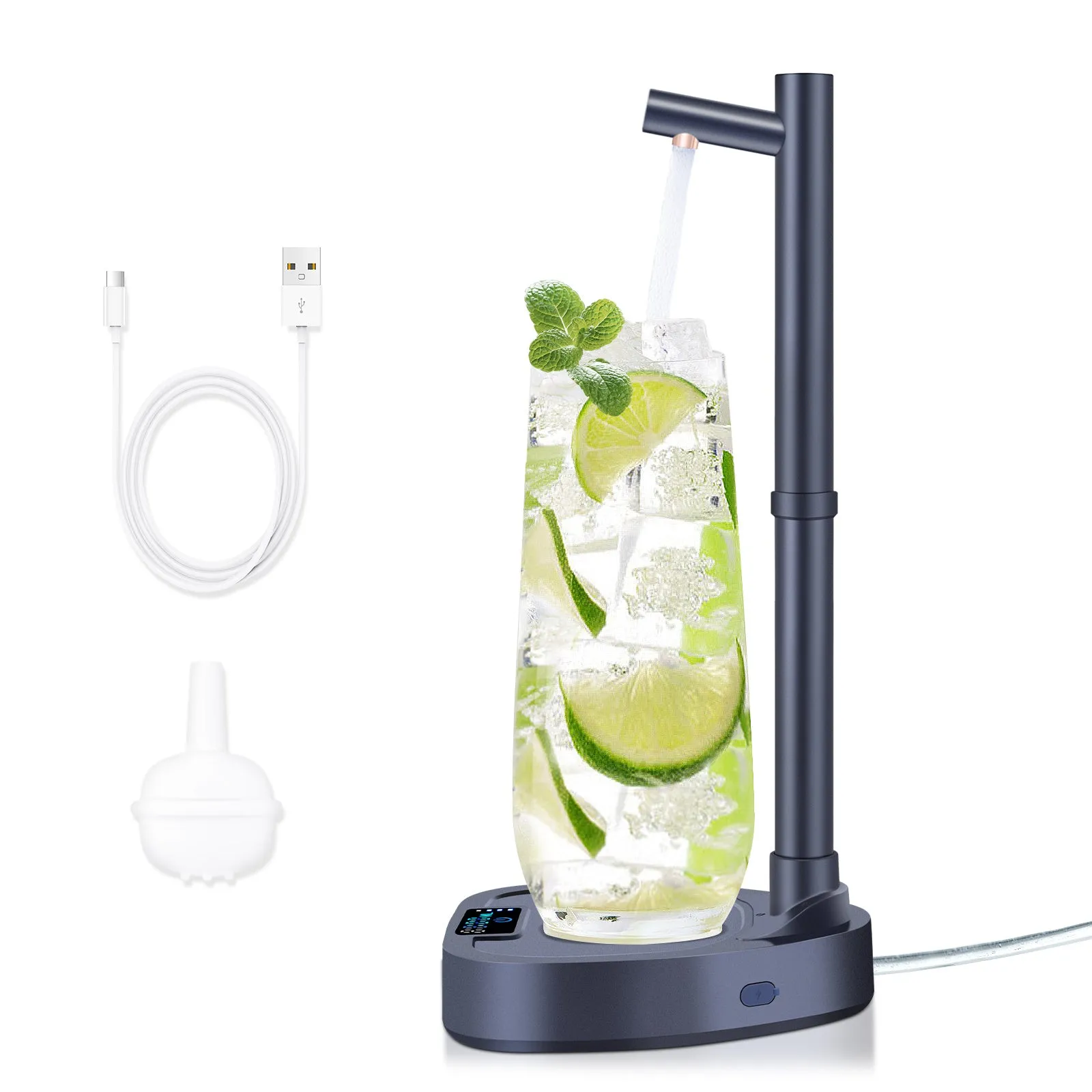 White and blue desktop water dispenser with extension tube on counter next to water bottle