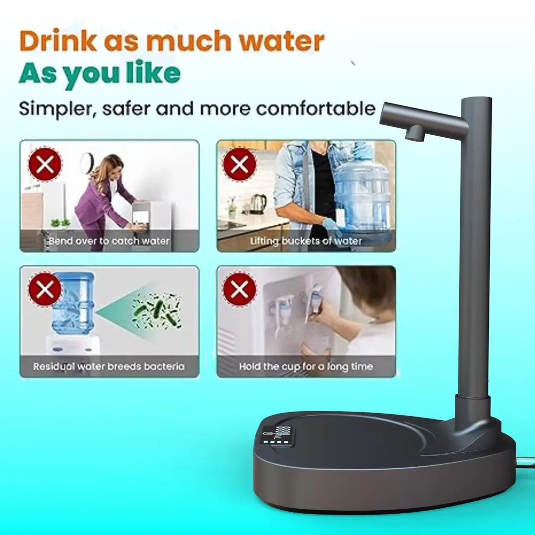 White and blue desktop water dispenser with extension tube on counter next to water bottle