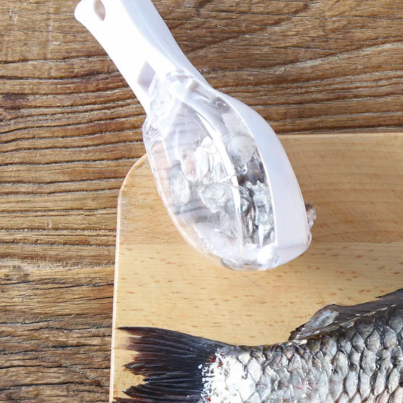 Fish-shaped scale scraper with removable knife and containment cover