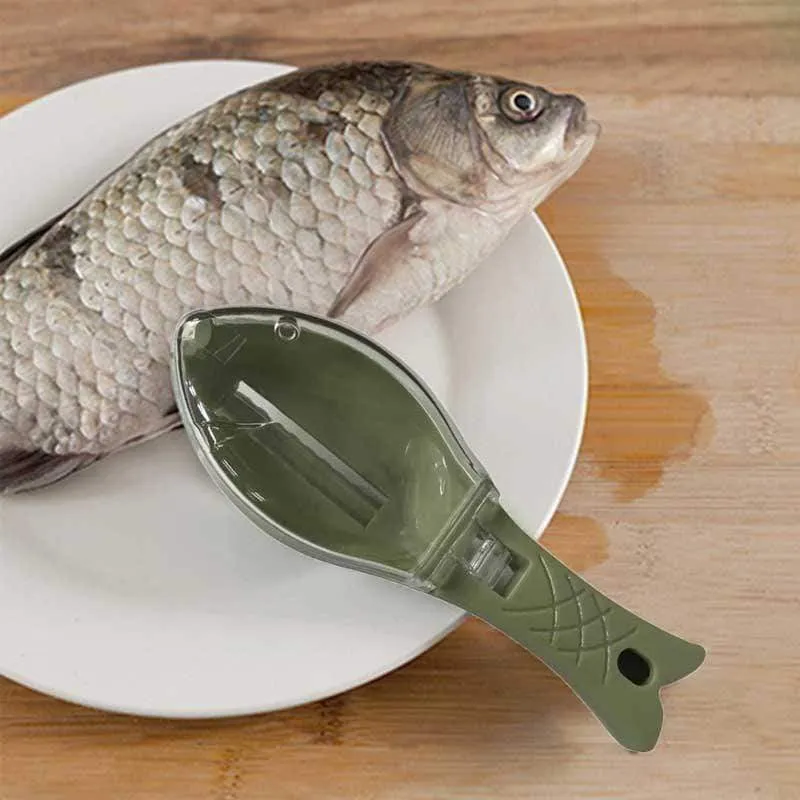 Fish-shaped scale scraper with removable knife and containment cover