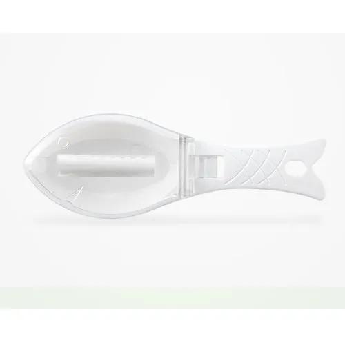 Fish-shaped scale scraper with removable knife and containment cover