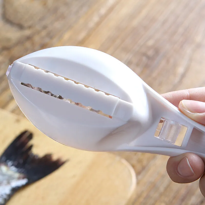 Fish-shaped scale scraper with removable knife and containment cover